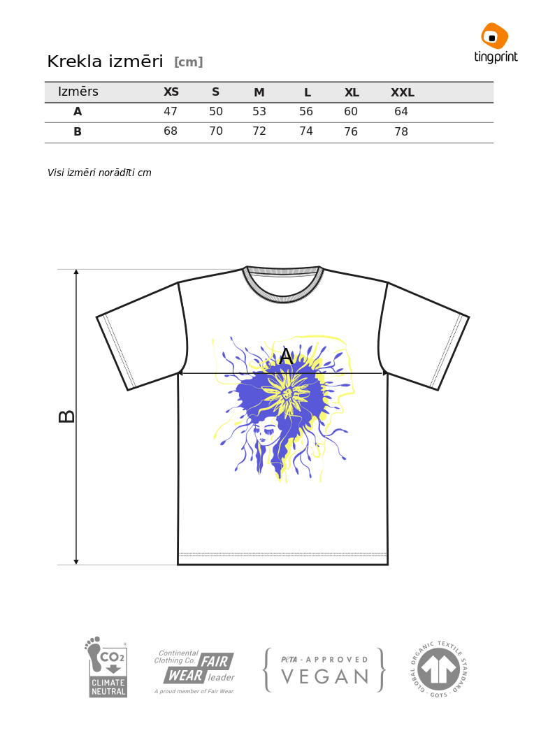 T-krekla, ar dizainu Ukrainas karoga krāsās, izmēru tabula. Izmēri - XS, S, M ,L, XL, XXL