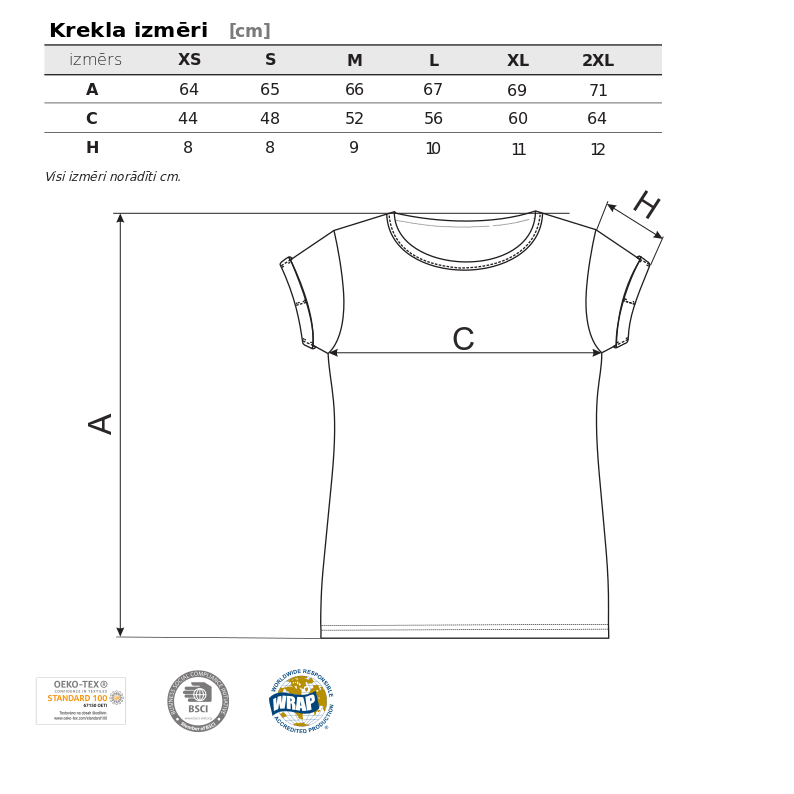 Sieviešu krekla izmēru tabula. Pieejamie izmēri no XS līdz 2XL.
