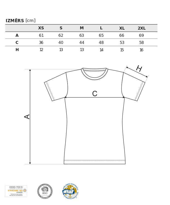 TingPrint apdrukāto krekla izmēru tabula. No izmēra XS līdz 2XL